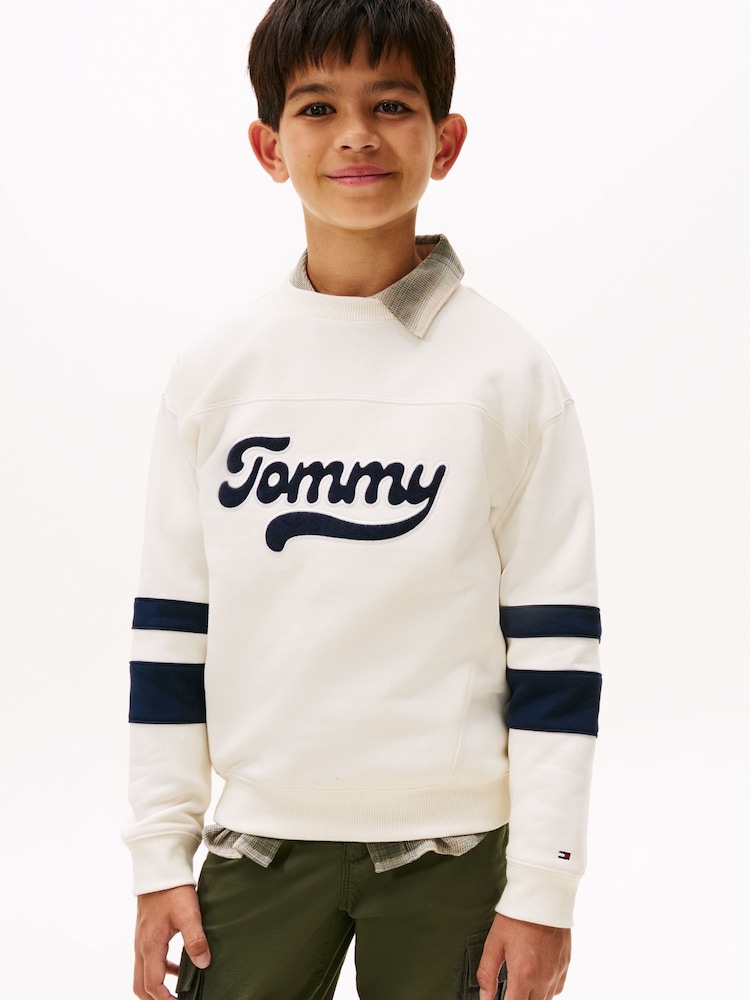 Tommy Hilfiger White Varsity Back Logo Colour-Blocked Sweatshirt - Image 1 of 5 Tommy Hilfiger White Varsity Back Logo Colour-Blocked Sweatshirt - Image 1 of 5