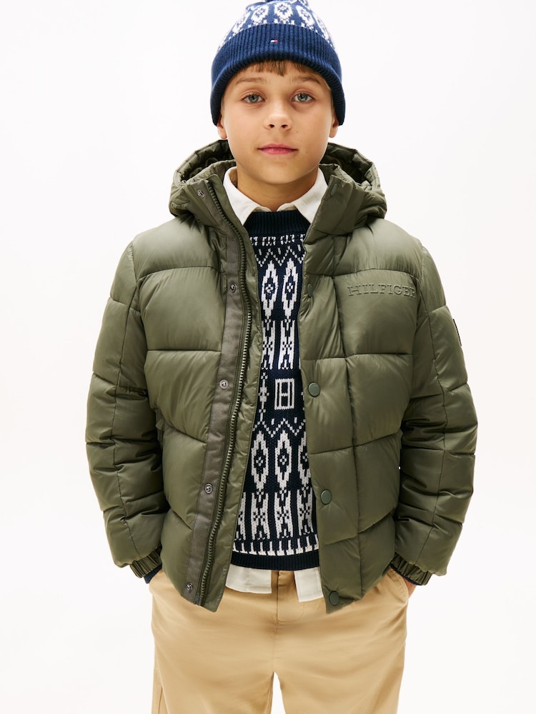 Tommy Hilfiger Green Mixed Texture Hooded Puffer Jacket - Image 1 of 5 Tommy Hilfiger Green Mixed Texture Hooded Puffer Jacket - Image 1 of 5