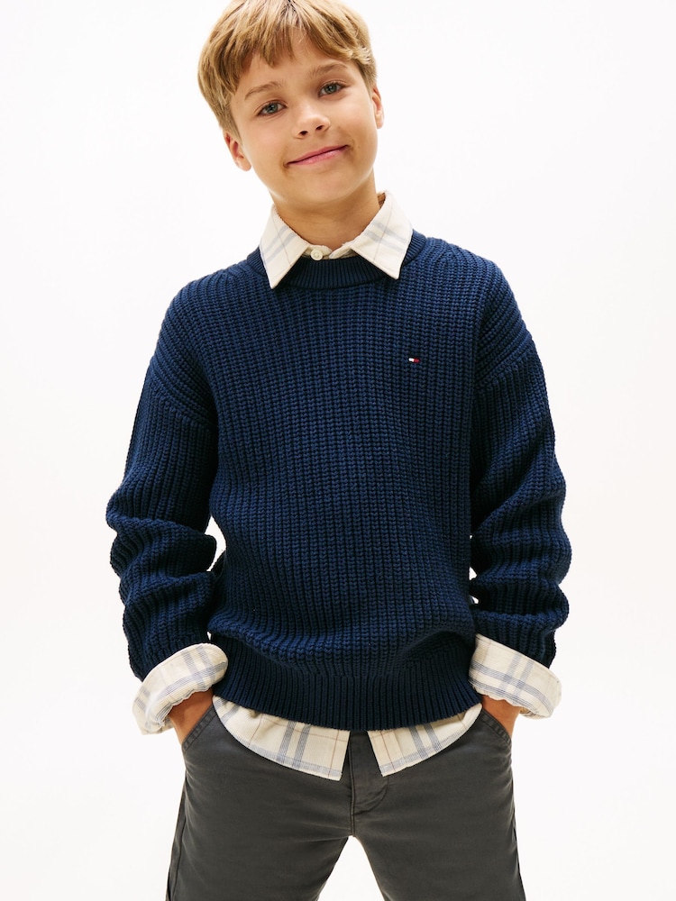 Tommy Hilfiger Blue Cardigan Stitch Crew Neck Jumper - Image 1 of 5