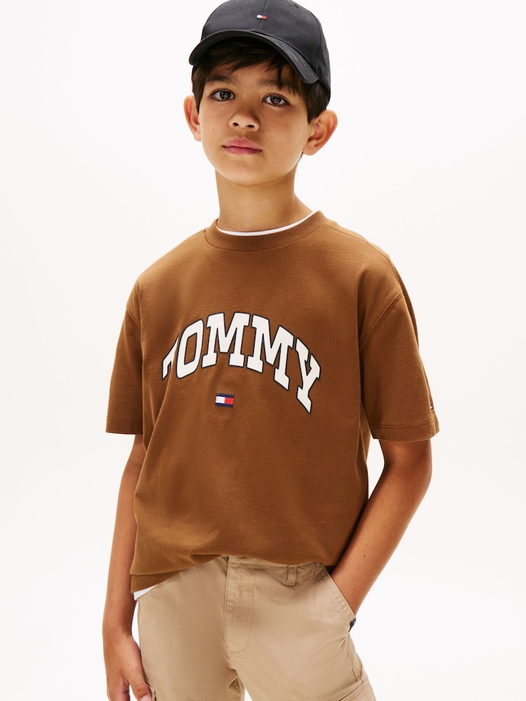 Tommy Hilfiger Brown Varsity Logo Crew Neck T-Shirt - Image 1 of 5 Tommy Hilfiger Brown Varsity Logo Crew Neck T-Shirt - Image 1 of 5