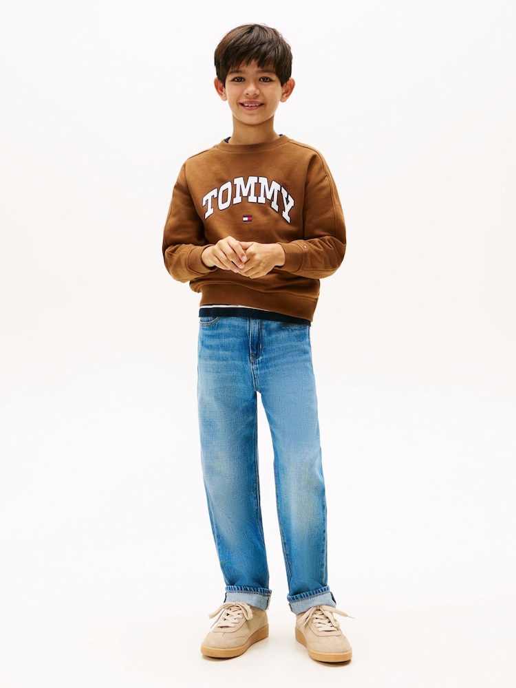 Tommy Hilfiger Brown Varsity Logo Print Crew Neck Sweatshirt - Image 2 of 5 Tommy Hilfiger Brown Varsity Logo Print Crew Neck Sweatshirt - Image 2 of 5