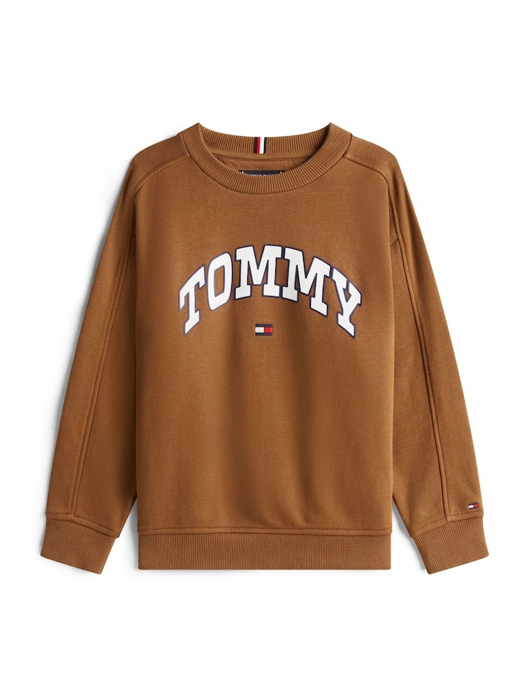 Tommy Hilfiger Brown Varsity Logo Print Crew Neck Sweatshirt - Image 5 of 5 Tommy Hilfiger Brown Varsity Logo Print Crew Neck Sweatshirt - Image 5 of 5