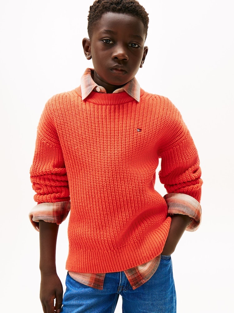 Tommy Hilfiger Orange Cardigan Stitch Crew Neck Jumper - Image 1 of 5 Tommy Hilfiger Orange Cardigan Stitch Crew Neck Jumper - Image 1 of 5