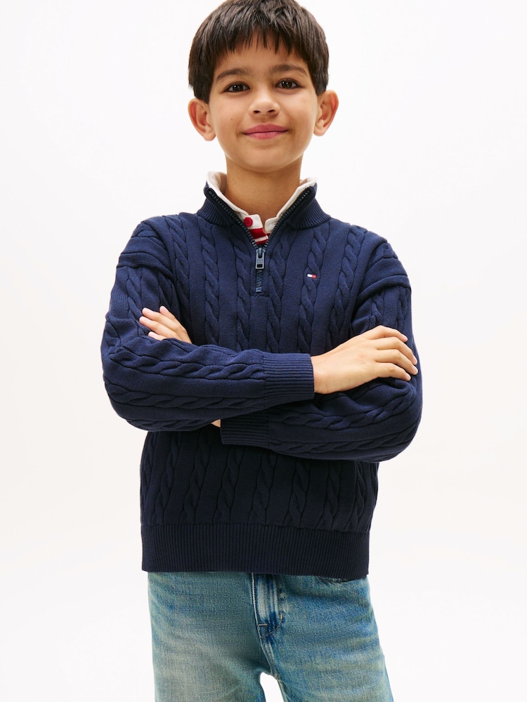 Tommy Hilfiger Blue Half-Zip Cable Knit Jumper - Image 1 of 5