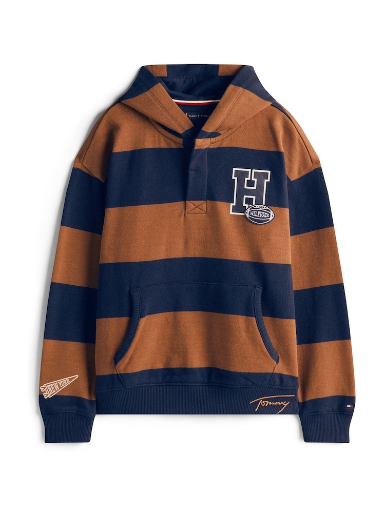 Tommy Hilfiger Brown Varsity Stripe Concealed Placket Hoodie - Image 5 of 5 Tommy Hilfiger Brown Varsity Stripe Concealed Placket Hoodie - Image 5 of 5