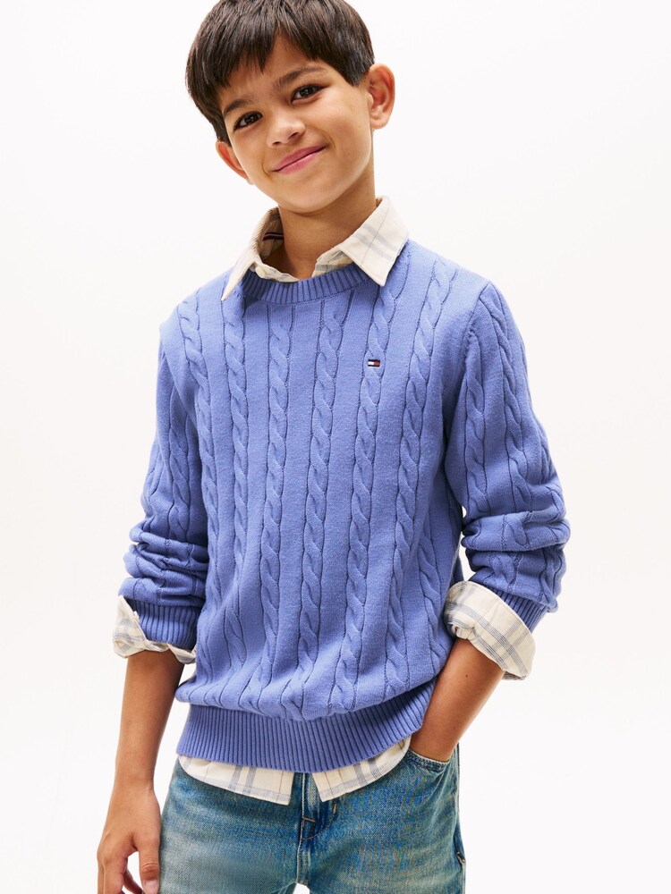Tommy Hilfiger Blue Cable Knit Crew Neck Jumper - Image 1 of 5 Tommy Hilfiger Blue Cable Knit Crew Neck Jumper - Image 1 of 5