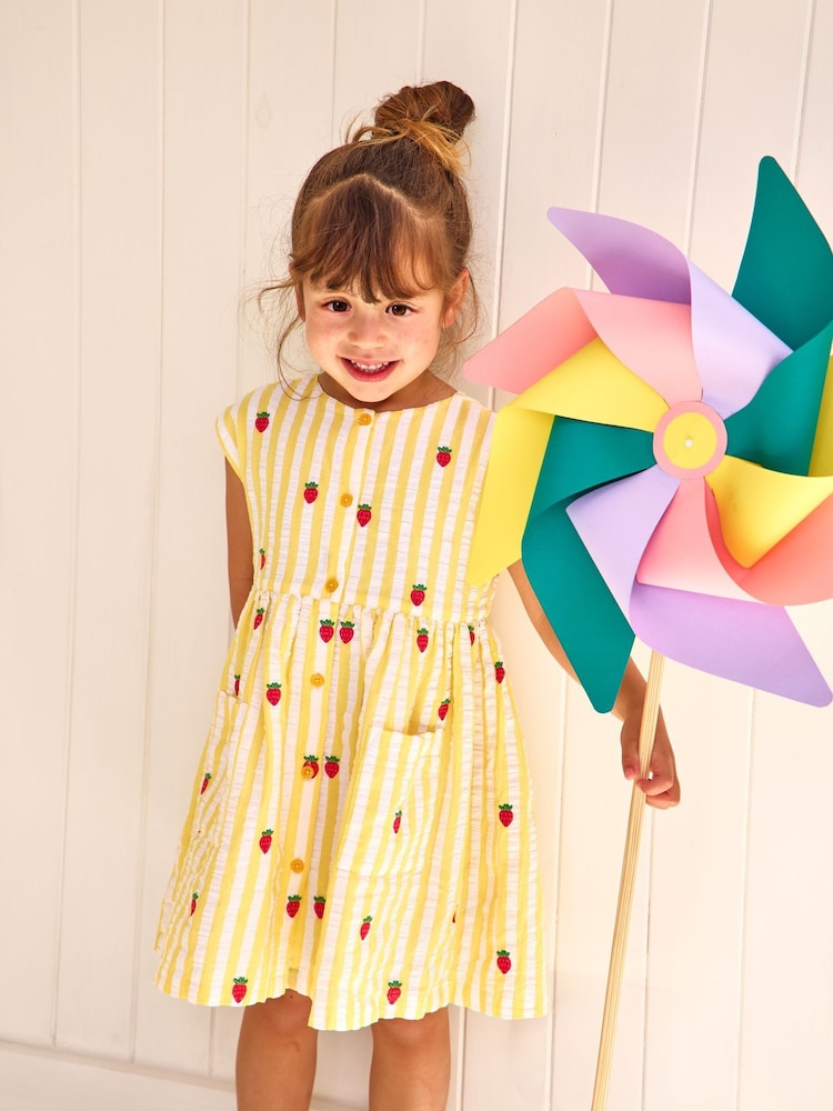 JoJo Maman Bébé Yellow Stripe Strawberry Sleeveless Embroidered Button Through Dress - Image 1 of 5