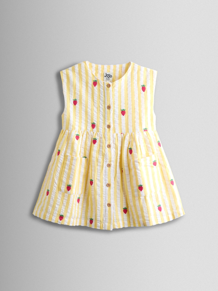 JoJo Maman Bébé Yellow Stripe Strawberry Sleeveless Embroidered Button Through Dress - Image 2 of 5