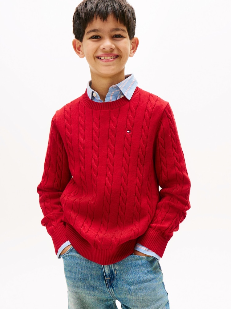 Tommy Hilfiger Red Cable Knit Crew Neck Jumper - Image 1 of 5 Tommy Hilfiger Red Cable Knit Crew Neck Jumper - Image 1 of 5