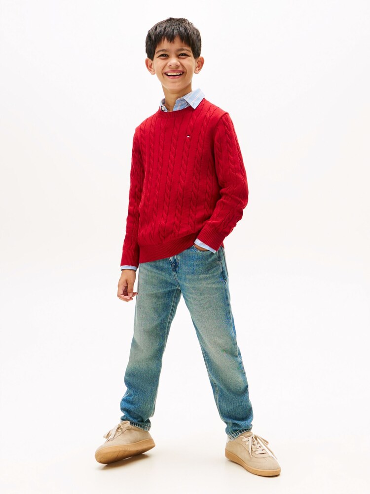 Tommy Hilfiger Red Cable Knit Crew Neck Jumper - Image 2 of 5 Tommy Hilfiger Red Cable Knit Crew Neck Jumper - Image 2 of 5
