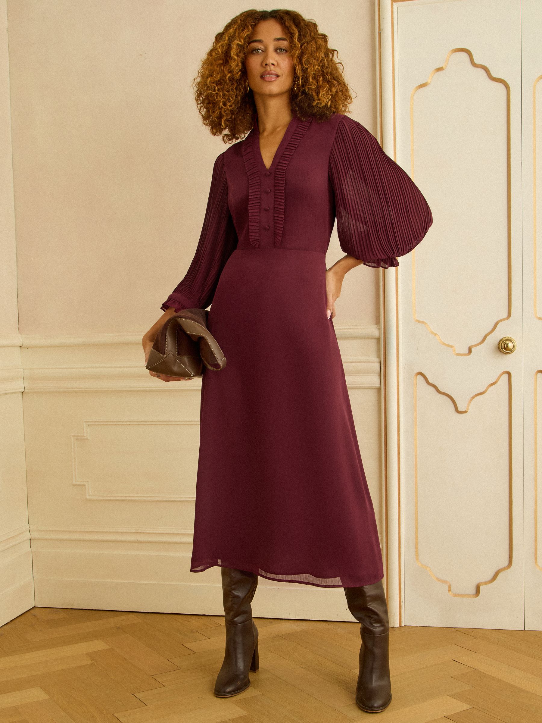 Buy Love & Roses Burgundy Red Pleated Detail Midi Dress from the