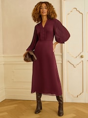Love & Roses Burgundy Red Pleated Detail Midi Dress - Image 1 of 4