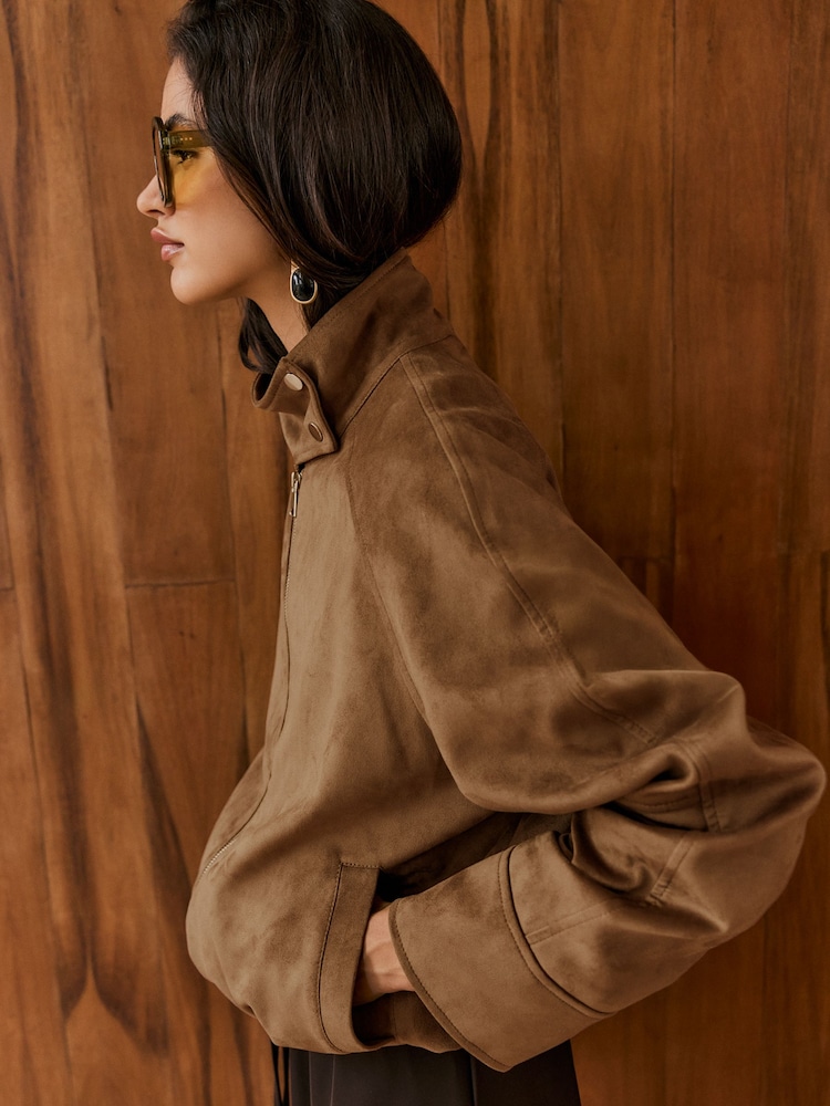 Friends Like These Tan Brown Faux Suede Funnel Neck Bubble Effect Jacket - Image 1 of 4