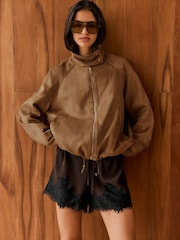 Friends Like These Tan Brown Faux Suede Funnel Neck Bubble Effect Jacket - Image 2 of 4