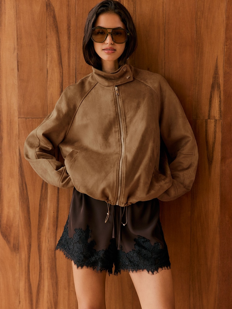 Friends Like These Tan Brown Faux Suede Funnel Neck Bubble Effect Jacket - Image 2 of 4