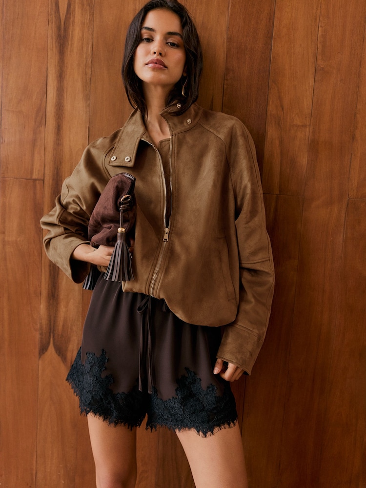 Friends Like These Tan Brown Faux Suede Funnel Neck Bubble Effect Jacket - Image 4 of 4