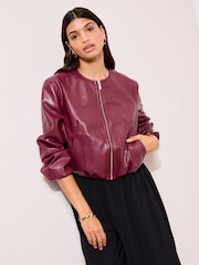 Friends Like These Burgundy Red Faux Leather Collarless Bubble Hem Jacket - Image 1 of 4