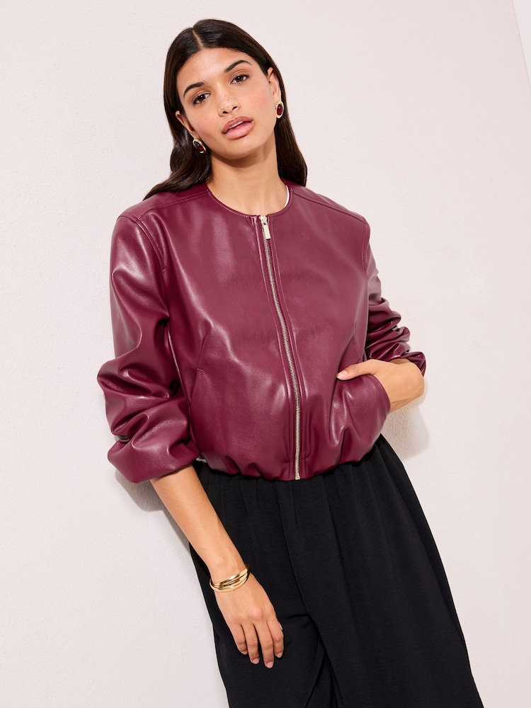 Friends Like These Burgundy Red Faux Leather Collarless Bubble Hem Jacket - Image 1 of 4
