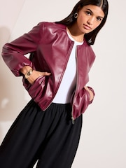 Friends Like These Burgundy Red Faux Leather Collarless Bubble Hem Jacket - Image 2 of 4