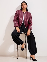 Friends Like These Burgundy Red Faux Leather Collarless Bubble Hem Jacket - Image 3 of 4