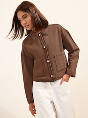 Friends Like These Chocolate Brown Short Collared Stitch Detail Denim Jacket - Image 1 of 4