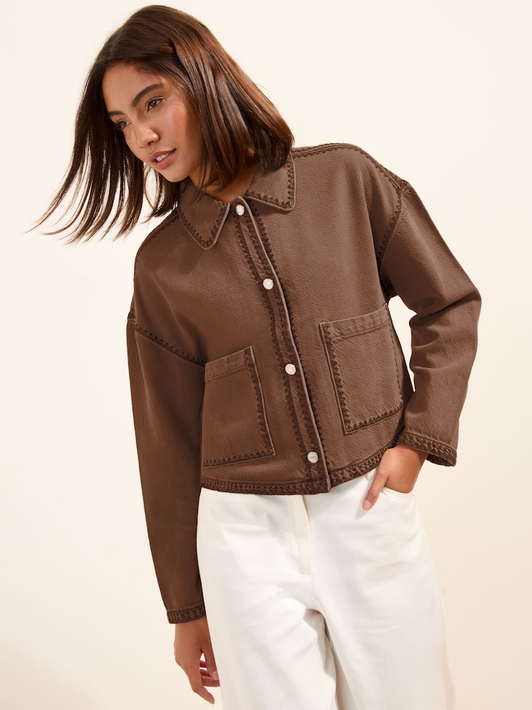 Friends Like These Chocolate Brown Short Collared Stitch Detail Denim Jacket - Image 1 of 4
