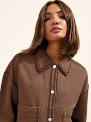Friends Like These Chocolate Brown Short Collared Stitch Detail Denim Jacket - Image 2 of 4
