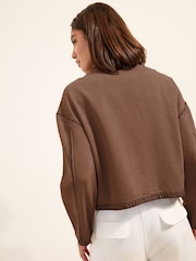 Friends Like These Chocolate Brown Short Collared Stitch Detail Denim Jacket - Image 4 of 4