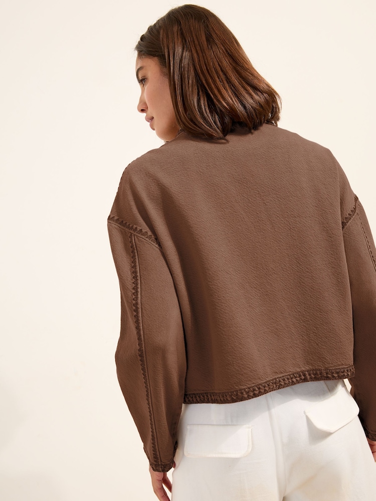 Friends Like These Chocolate Brown Short Collared Stitch Detail Denim Jacket - Image 4 of 4