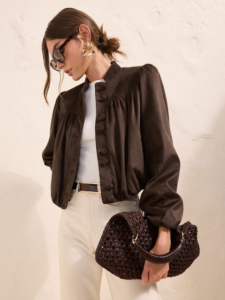 Friends Like These Chocolate Brown Faux Suede Bubble Hem Jacket - Image 1 of 4