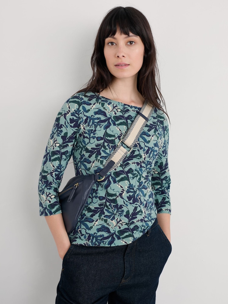 Seasalt Cornwall Blue Easel 3/4 Sleeve Top in Cotton Jersey - Image 1 of 5