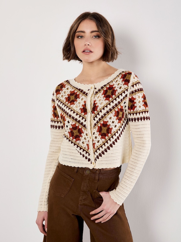 Apricot Natural Crochet Squared Cardigan - Image 1 of 5 Apricot Natural Crochet Squared Cardigan - Image 1 of 5