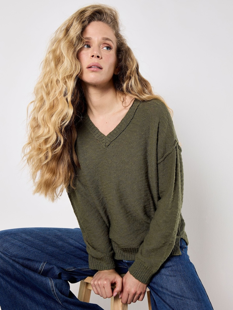 Apricot Green Slub V-Neck Lightweight Jumper - Image 1 of 4