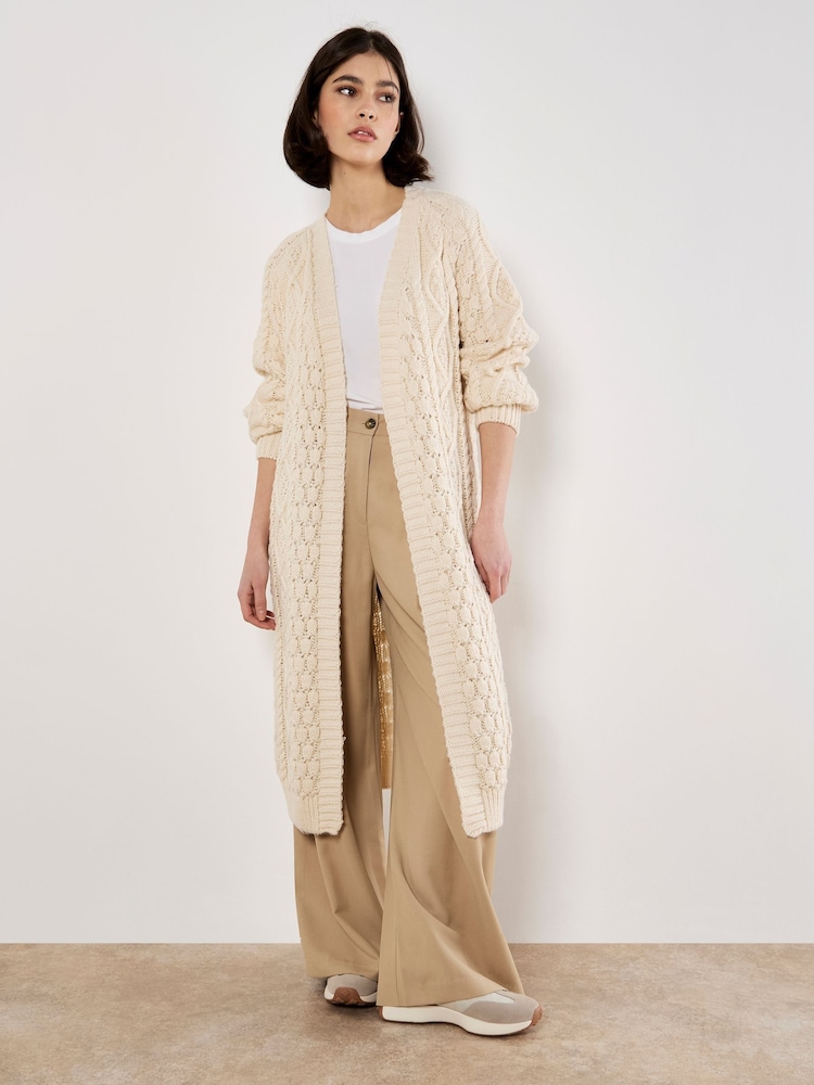 Apricot Cream Cable Knit Open Midi Cardigan - Image 1 of 5 Apricot Cream Cable Knit Open Midi Cardigan - Image 1 of 5