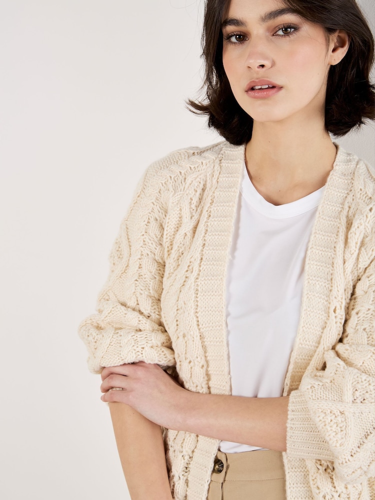 Apricot Cream Cable Knit Open Midi Cardigan - Image 2 of 5 Apricot Cream Cable Knit Open Midi Cardigan - Image 2 of 5