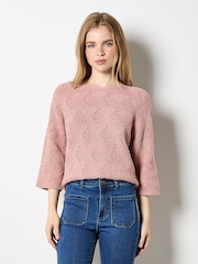 Apricot Pink Pointelle Patchwork Batwing Top - Image 1 of 4