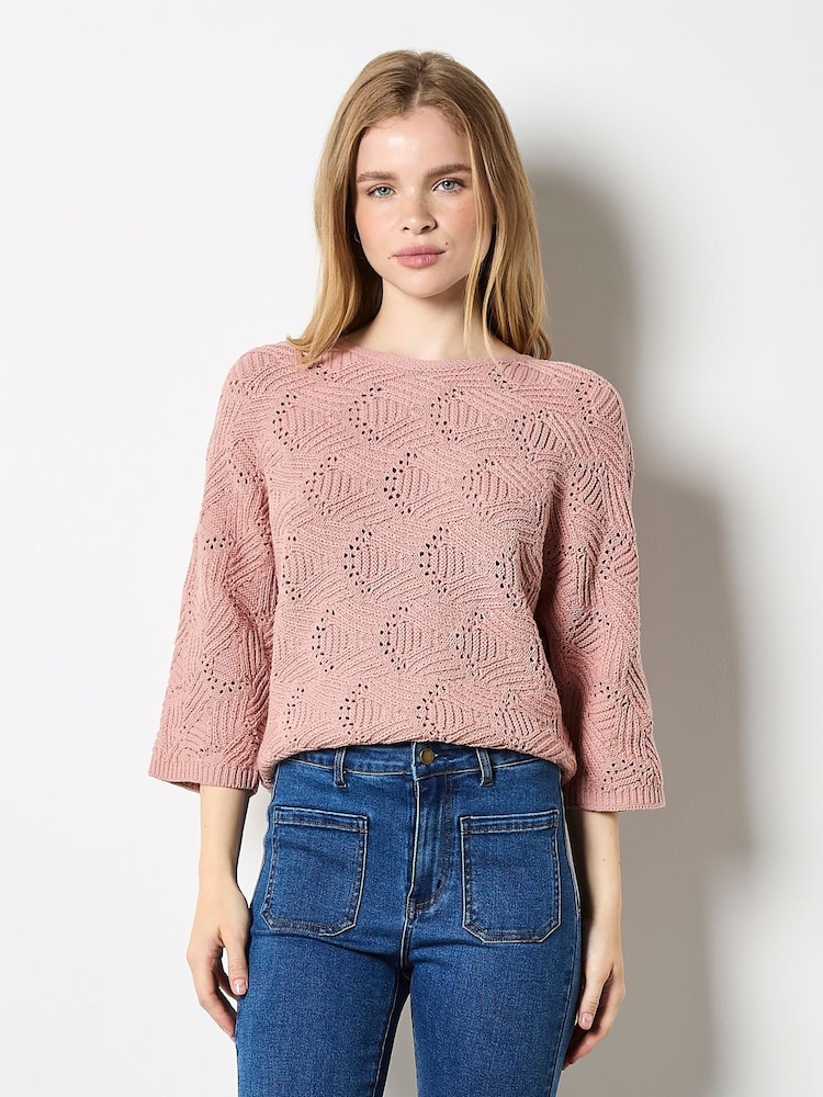 Apricot Pink Pointelle Patchwork Batwing Top - Image 1 of 4