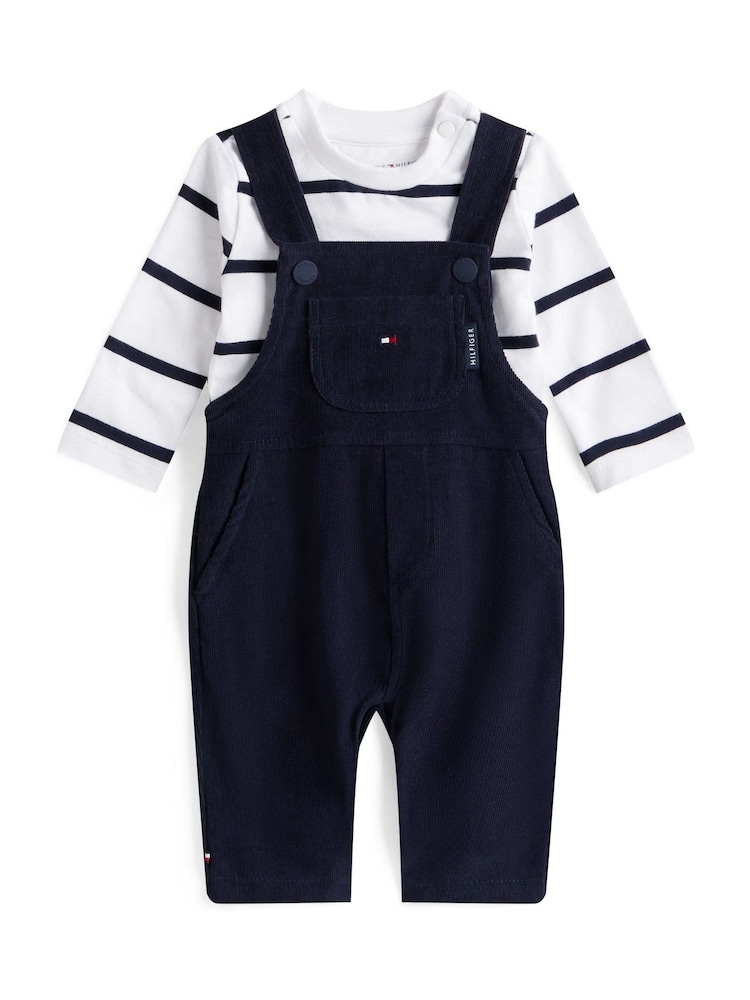 Tommy Hilfiger Blue Corduroy Dungarees And Long Sleeve Top Set - Image 1 of 2