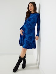 Joe Browns Blue Flocked Floral Mini Skater Dress - Image 1 of 5