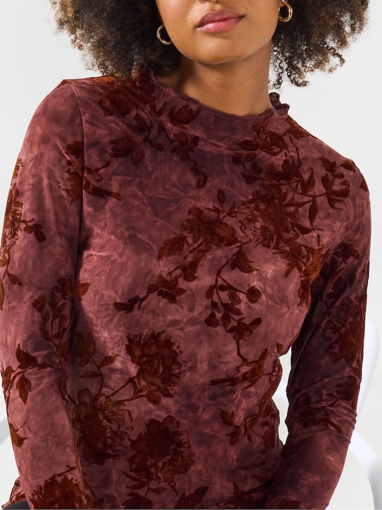 Joe Browns Brown Flocked Floral Slim Fit Top - Image 2 of 5 Joe Browns Brown Flocked Floral Slim Fit Top - Image 2 of 5