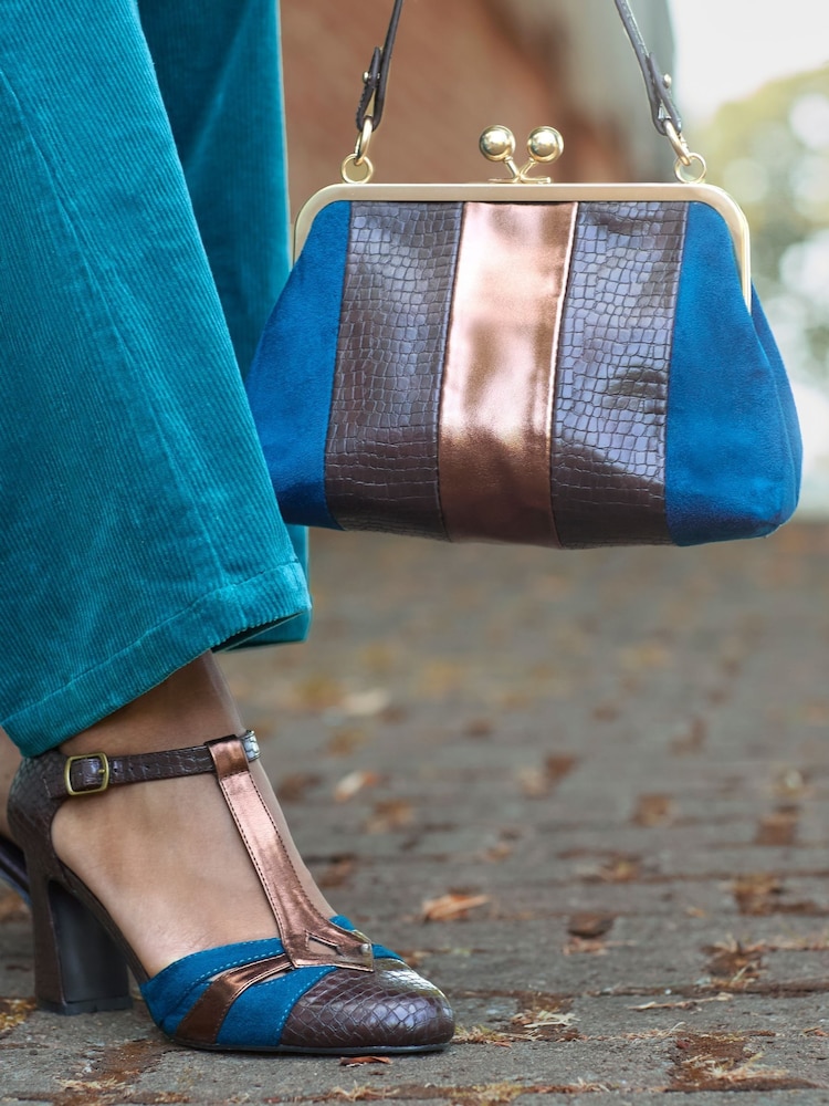 Joe Browns Brown Faux Crocodile Bag with Blue & Bronze Stripes - Image 5 of 5 Joe Browns Brown Faux Crocodile Bag with Blue & Bronze Stripes - Image 5 of 5