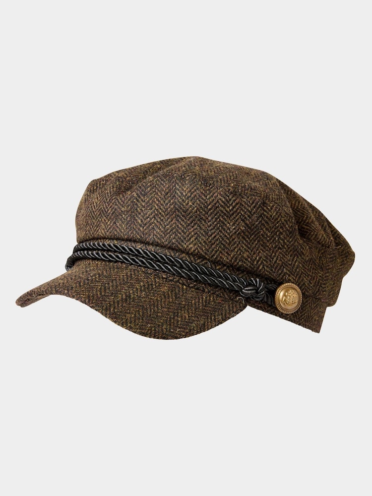 Joe Browns Brown Herringbone Tweed Peaked Cap with Button Detail - Image 1 of 2 Joe Browns Brown Herringbone Tweed Peaked Cap with Button Detail - Image 1 of 2