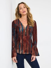 Joe Browns Brown Contrast Lace Zip Front Top - Image 1 of 6