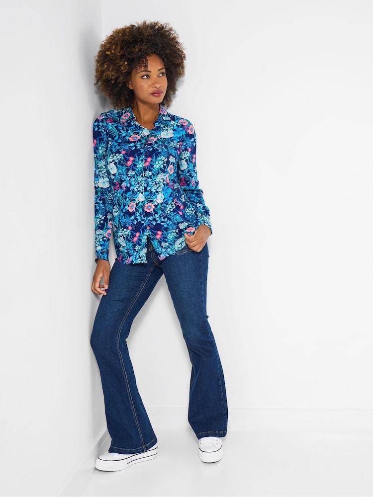 Joe Browns Blue Floral Collared Crinkle Top - Image 2 of 5 Joe Browns Blue Floral Collared Crinkle Top - Image 2 of 5