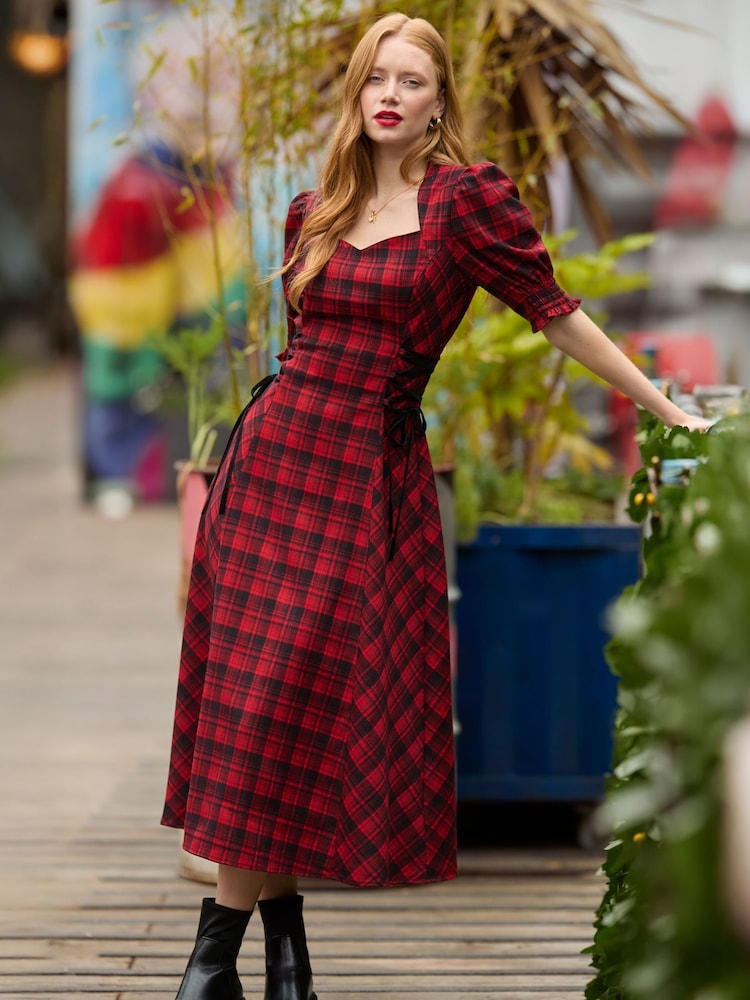 Joe Browns Red Check Lace-Up Dress - Image 2 of 7 Joe Browns Red Check Lace-Up Dress - Image 2 of 7
