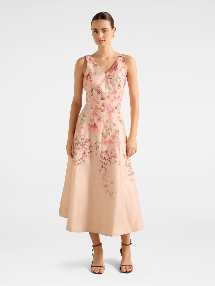 Forever New Pink Aubrey Printed Midi Dress Contains Linen Dress - Image 1 of 4 Forever New Pink Aubrey Printed Midi Dress Contains Linen Dress - Image 1 of 4