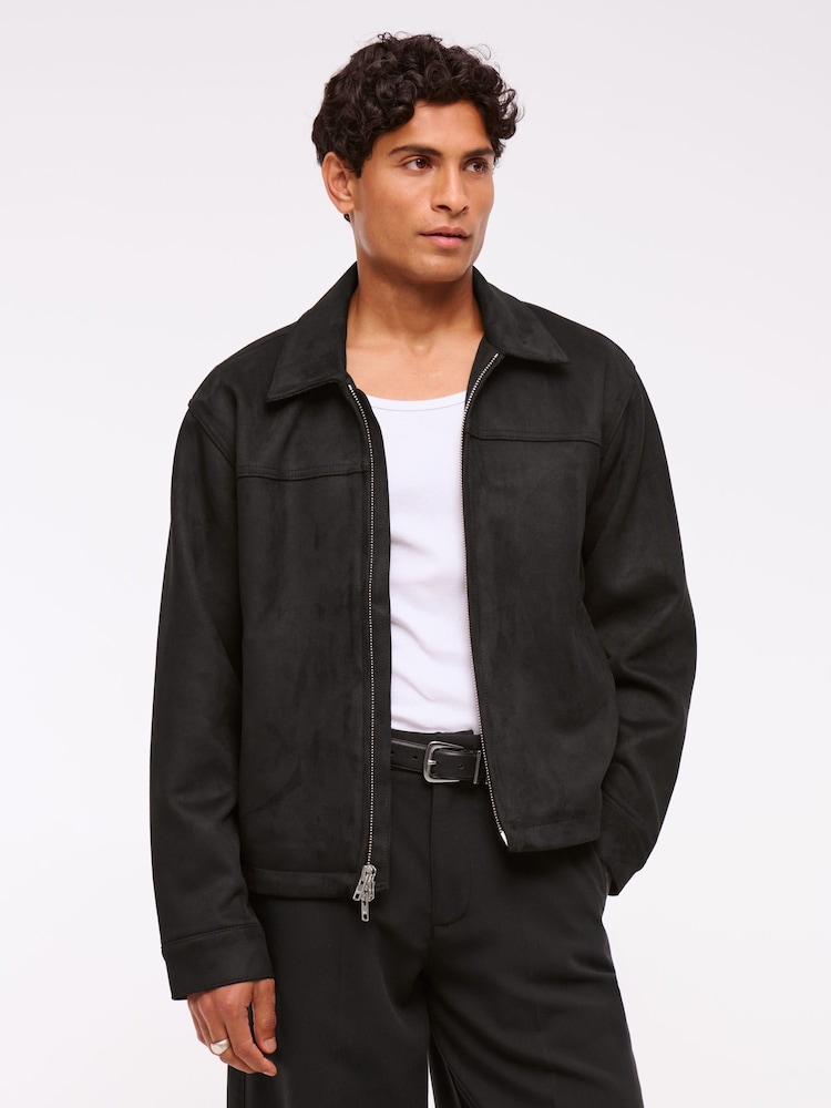 Abercrombie & Fitch Black Cropped Vegan Suede Long Sleeve Zip Jacket - Image 1 of 8