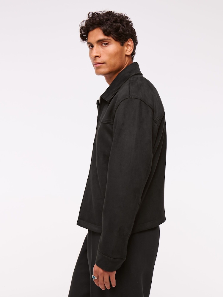 Abercrombie & Fitch Black Cropped Vegan Suede Long Sleeve Zip Jacket - Image 2 of 8