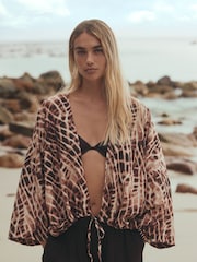 күрөң Animal Print - Tie Front Lightweight Jacket - 9ичинен 1 сүрөт