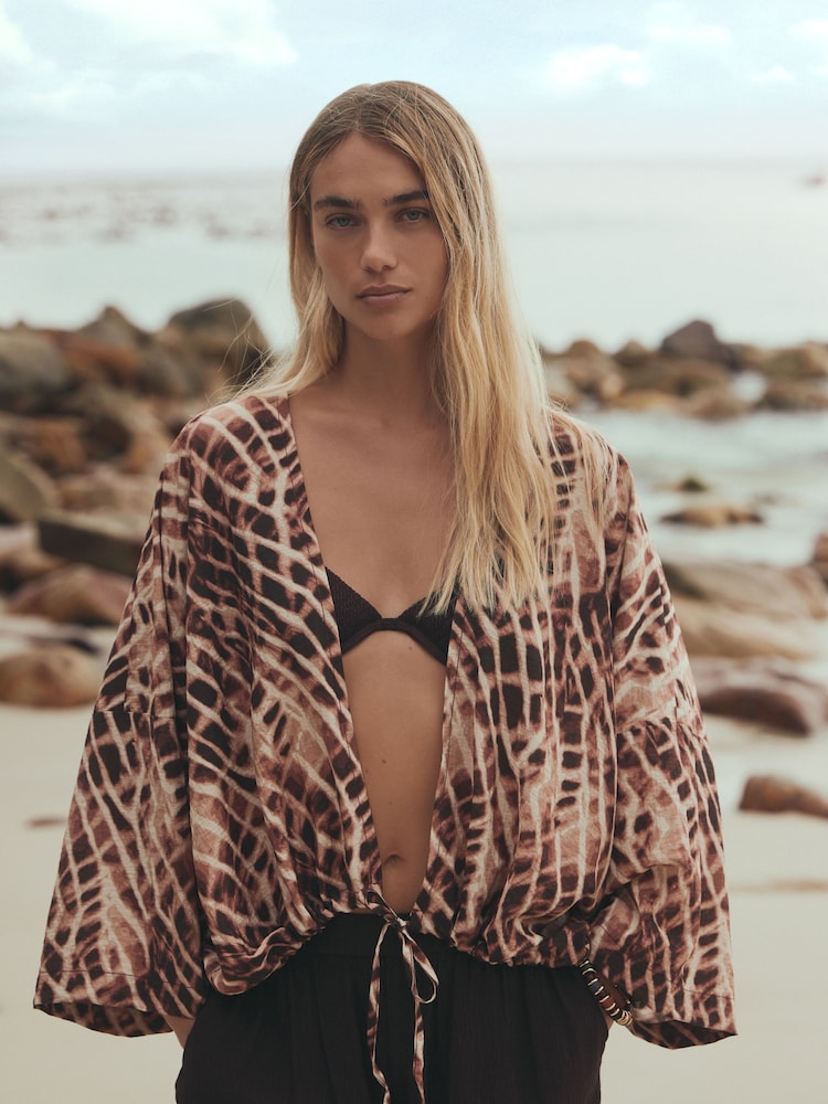 күрөң Animal Print - Tie Front Lightweight Jacket - 9ичинен 1 сүрөт